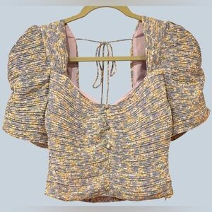 Astr Lavender Floral Puff-Sleeve Crop Top with Yellow Accents
